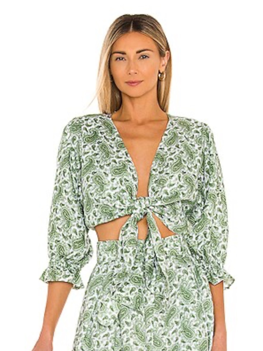 Faithfull the Brand Green Paisley Tie-Front Crop Top